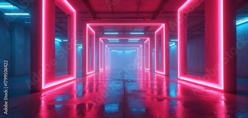 Fototapeta Naklejka Na Ścianę i Meble -  Empty concrete tunnel features vivid pink neon square frames. Blue neon strip lights illuminate futuristic corridor. Wet floor reflects cyber glow creating tech background. Digital space feels like