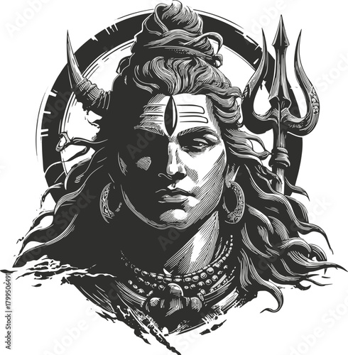 Black and White Portrait of Lord Shiva with Trident and Third Eye