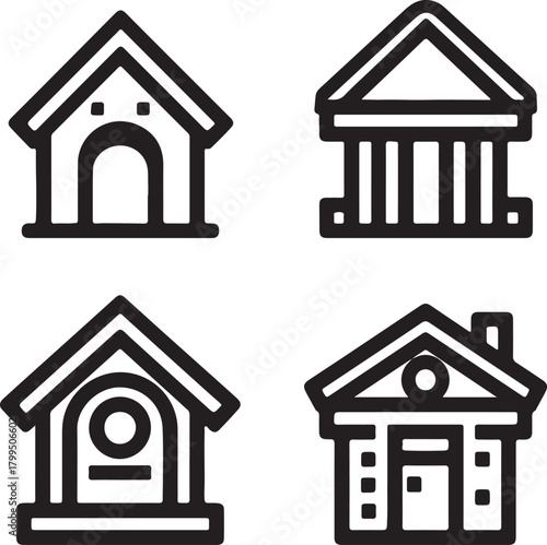Four Stylized House and Building Icons in Black Outline