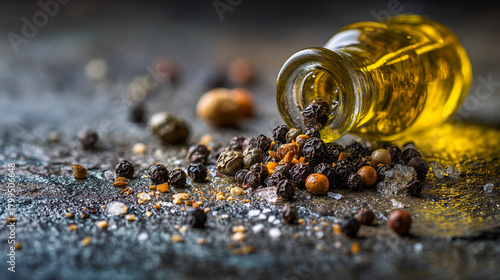 Fototapeta Naklejka Na Ścianę i Meble -  A close up of a glass bottle lying on its side with peppercorns scattered around on a dark surface