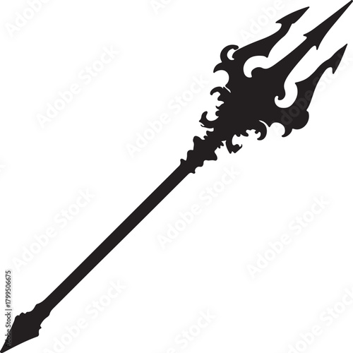 Ornate Black Trident Silhouette on White Background