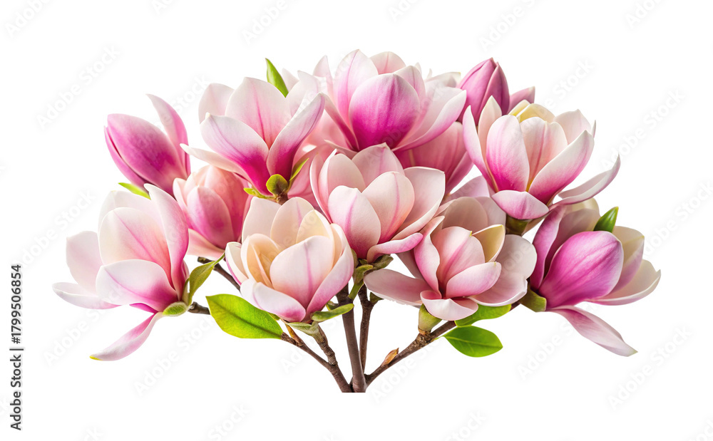 Fototapeta premium A Bunch of Beautiful Pink and White Magnolia Flowers on White Background