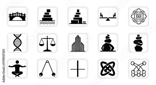 Collection of black and white monochrome vector icon illustrations representing balance and