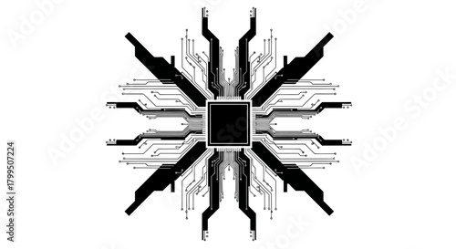 Intricate black and white illustration of a central processing unit chip design concept