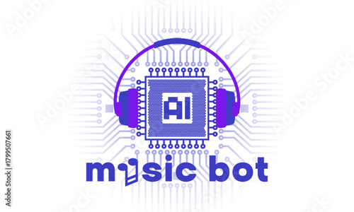 Vector logo. Graphic headphones, computer chip. AI abbreviation. Artificial Intelligence. Music bot. Logotype. White background