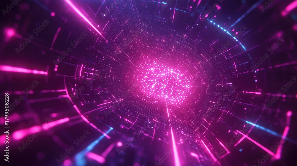 Fototapeta premium Abstract digital tunnel vibrant neon light particles