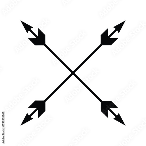 Bold monochrome graphic depicting two arrows crossing in an X-formation, symbolizing direction, choice, or a point of intersection, ideal for design elements