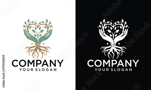 Creative oak tree logo, root of the tree and combination love logo illustration