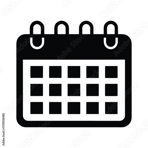 A black and white stylized icon of a calendar with a spiral binding at the top, featuring a grid of squares representing days, signifying planning and scheduling events or appointments