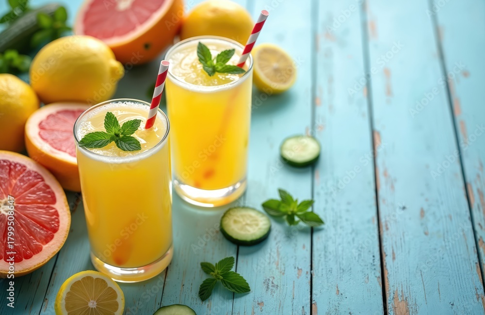 Fototapeta premium Two glasses of refreshing citrus drink with mint, red striped straws sit on blue wood planks. Fresh grapefruits, lemons, cucumber slices nearby. Cool healthy summer beverage ready to hydrate, boost