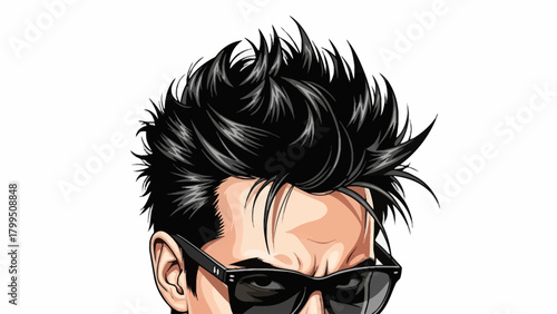 Closeup of a mans spiky black hair and sunglasses