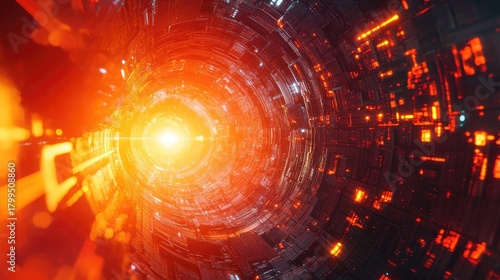 Fototapeta Naklejka Na Ścianę i Meble -  Futuristic sci fi tunnel with glowing orange light