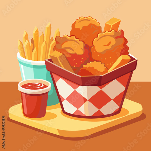 A basket of golden, crunchy fried chicken served with fries and a small dipping sauce on the side. Shot indoors on a clean tabletop with warm, inviting lighting. Focus on the crisp coating and vivid d