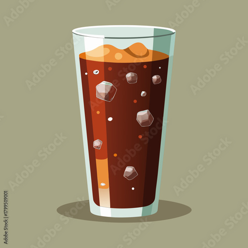 Close-up of a tall cola glass filled with ice cubes, bubbles rising, and heavy condensation on the outer surface. Shot against a neutral background with bright, clean lighting emphasizing the refreshi