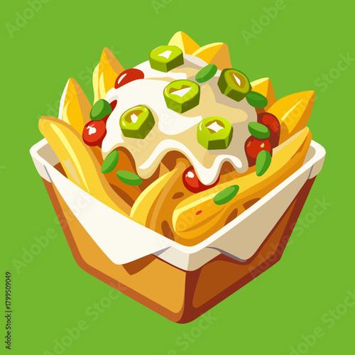 A serving of hot, crispy fries topped with melted cheese, sliced jalapeños, and a light sprinkle of herbs. Presented in a paper tray with casual street-food styling. Shot in bright, natural light to e