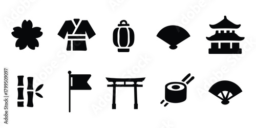 Icon Set of Traditional Japanese Culture Symbols in Black Color