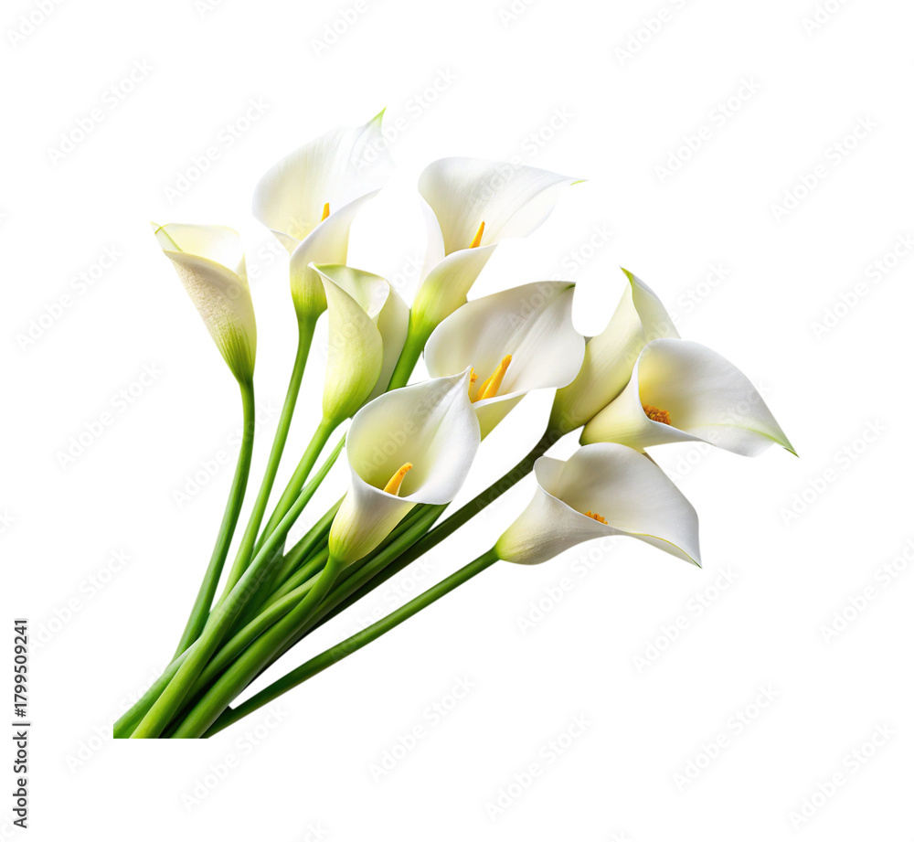 Fototapeta premium Elegant Bouquet of White Calla Lilies with Green Stems on White Background