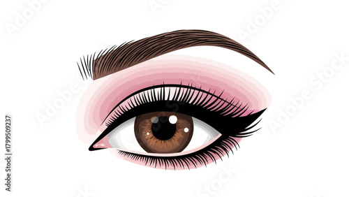 Closeup of a womans eye with pink eyeshadow and long lashes