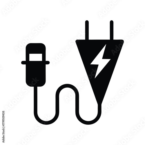 Simple black and white illustration of an electrical plug with cord connected to a lightning bolt symbol, representing energy and power