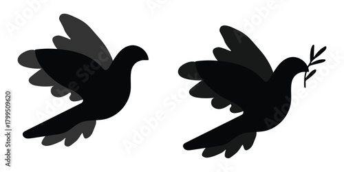 Black Dove with Olive Branch Flying Vector Icon Illustration