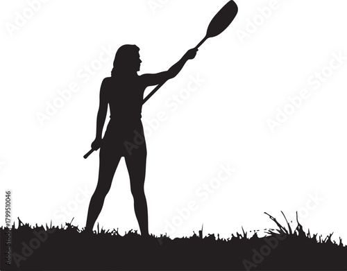 Woman silhouette holding paddle on grassy field female