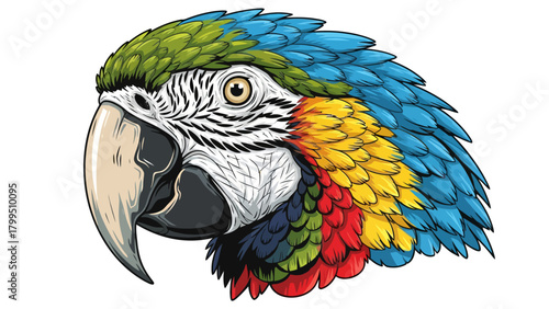 Colorful macaw head with detailed feathers and beak