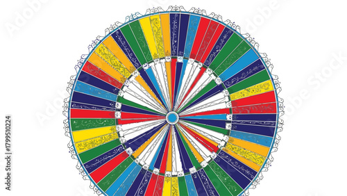 Colorful ornate radial design with a blue center and scalloped border