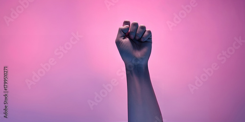 Banner with woman fists in fight. International Day for the Elimination of Violence against Women. November 25. Feminism. International Women's Day. Pink background. March 8.