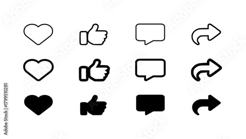 Social Media Icon Set Heart, Thumbs Up, Comment, and Share Symbols in Outline and Solid Styles