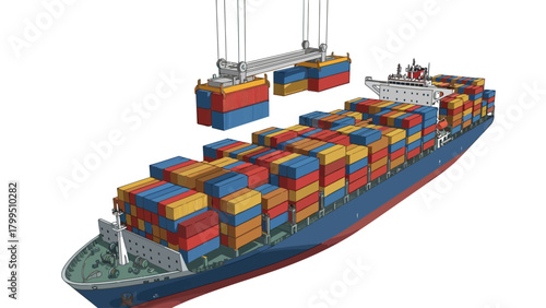 Container ship being loaded with cargo by a crane