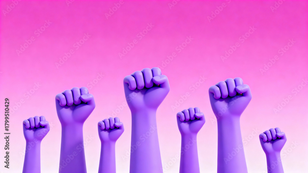 Obraz premium Banner with woman fists in fight. International Day for the Elimination of Violence against Women. November 25. Feminism. International Women's Day. Pink background. March 8.