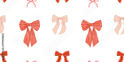 Seamless romantic pattern with pink and red vintage bows on white background, feminine coquette aesthetic wallpaper, cute valentines wrapping paper, retro girly textile design