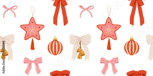 Vintage Christmas ornaments seamless patterns set, cozy retro holiday baubles, stockings, bows, bells, candy and star decorations in flat vector illustration for wrapping paper, textile and stationery