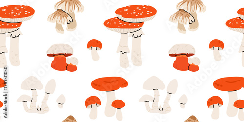 Seamless autumn mushroom patterns with fly agaric, porcini, and forest fungi in cozy hand drawn flat vector style, fall woodland seamless design for fabric, wrapping paper, kitchen decor