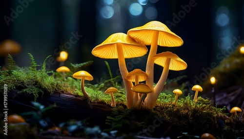 Luminous Yellow Mushrooms In A Dark Forest Setting