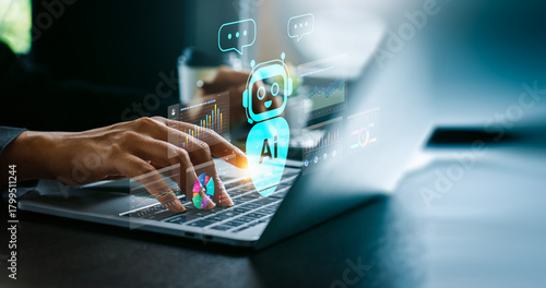 Artificial intelligence assistant chatbot helping business analysis and digital communication. Concept of AI technology, data analytics, automation, and innovation for future smart business.