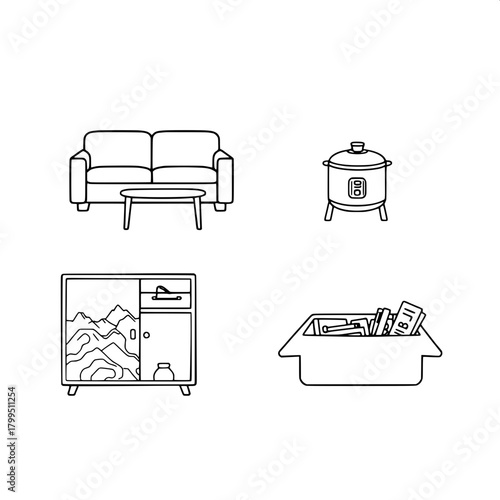 “Produce a crisp black-and-white flat illustration containing: a two-seat sofa, a small table with a rice cooker, a topographic-pattern cabinet, and an open box of office items. Place each in its own 