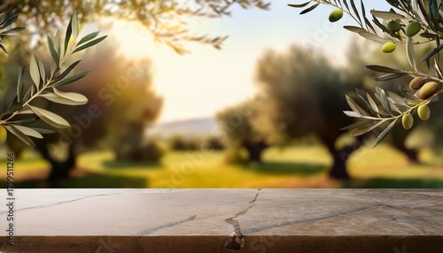 Empty Stone Table With Blurred Olive Trees Background With A Outdoor Theme Template For Display Of Product Olive Oil And Olives Background For Your Photo Montage
