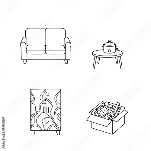 “Produce a crisp black-and-white flat illustration containing: a two-seat sofa, a small table with a rice cooker, a topographic-pattern cabinet, and an open box of office items. Place each in its own 