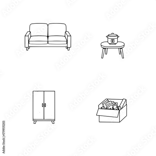 “Produce a crisp black-and-white flat illustration containing: a two-seat sofa, a small table with a rice cooker, a topographic-pattern cabinet, and an open box of office items. Place each in its own 