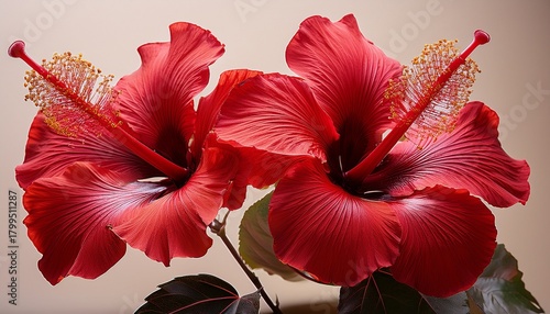 A Pair Of Dark Red Hibiscus Flowers Beautifully Displayed With Visible Pistils Against A Pale Background