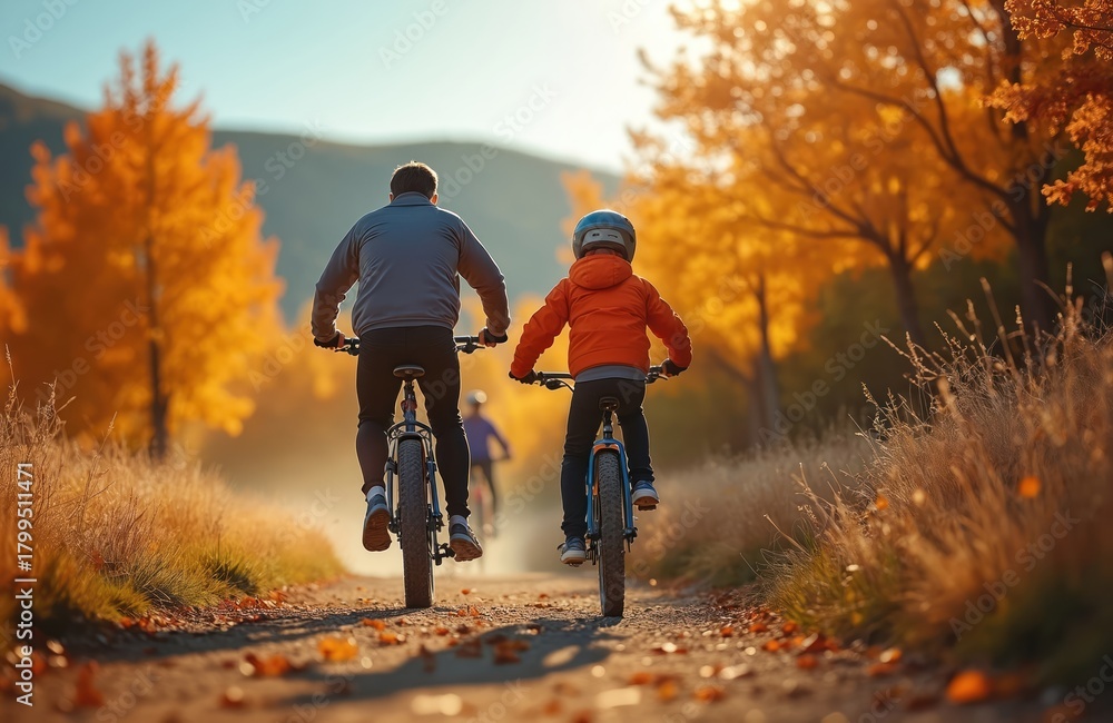 Obraz premium Father and child cycle along forest path in autumn. Dad rides bike with kid in helmet. Family enjoys outdoor biking adventure amid colorful fall foliage scene. Healthy lifestyle concept.