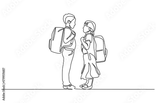 Continuous one line drawing of happy smiling little boy and girl. Single line drawing illustration of children park together for fun. Happy Children day concept vector art. Doodle line illustration.