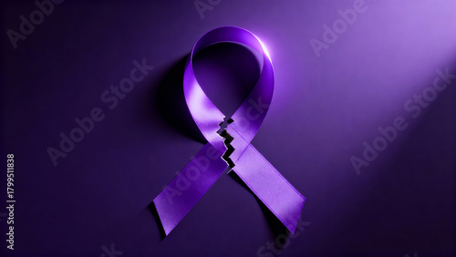 3D render of a restored purple ribbon glowing softly on a dark background, symbolizing resilience and the fight against violence against women.