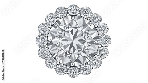 Detailed render of a round brilliantcut diamond with a halo of smaller diamonds