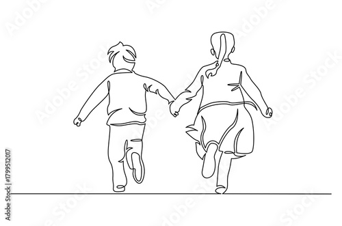 Continuous one line drawing of happy smiling little boy and girl. Single line drawing illustration of children park together for fun. Happy Children day concept vector art. Doodle line illustration.