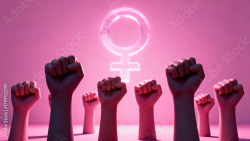 Banner with woman fists in fight. International Day for the Elimination of Violence against Women. November 25. Feminism. International Women's Day. Pink background. March 8.