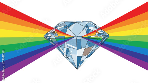 Diamond refracting rainbow light into spectrum on white background