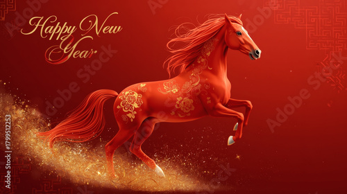 Chinese horoscope. Happy New Year 2026. The symbol of the year is a red fire horse on a red background. Banner for a party and New Year's Eve.