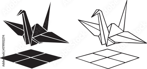 Two origami cranes silhouette and outline isolated on transparent background